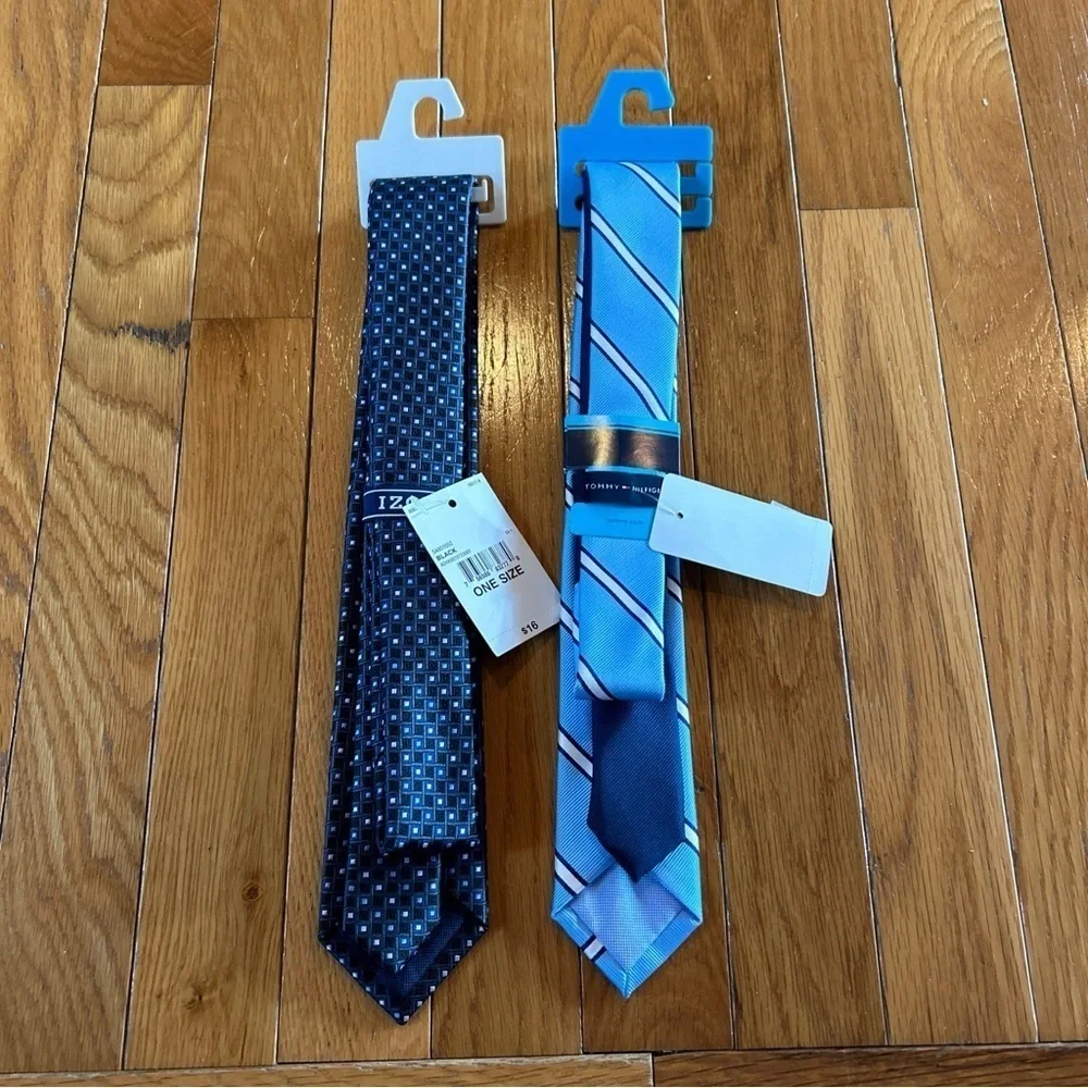 New NWT 2 Boys Navy Blue & White Ties Tommy Hilfiger Striped Izod Dots
